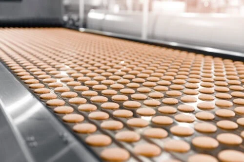 Food industry factory, biscuit production on conveyor belt. Modern line for bakery cookies.