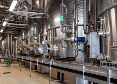 Large fermenting tanks in brewery